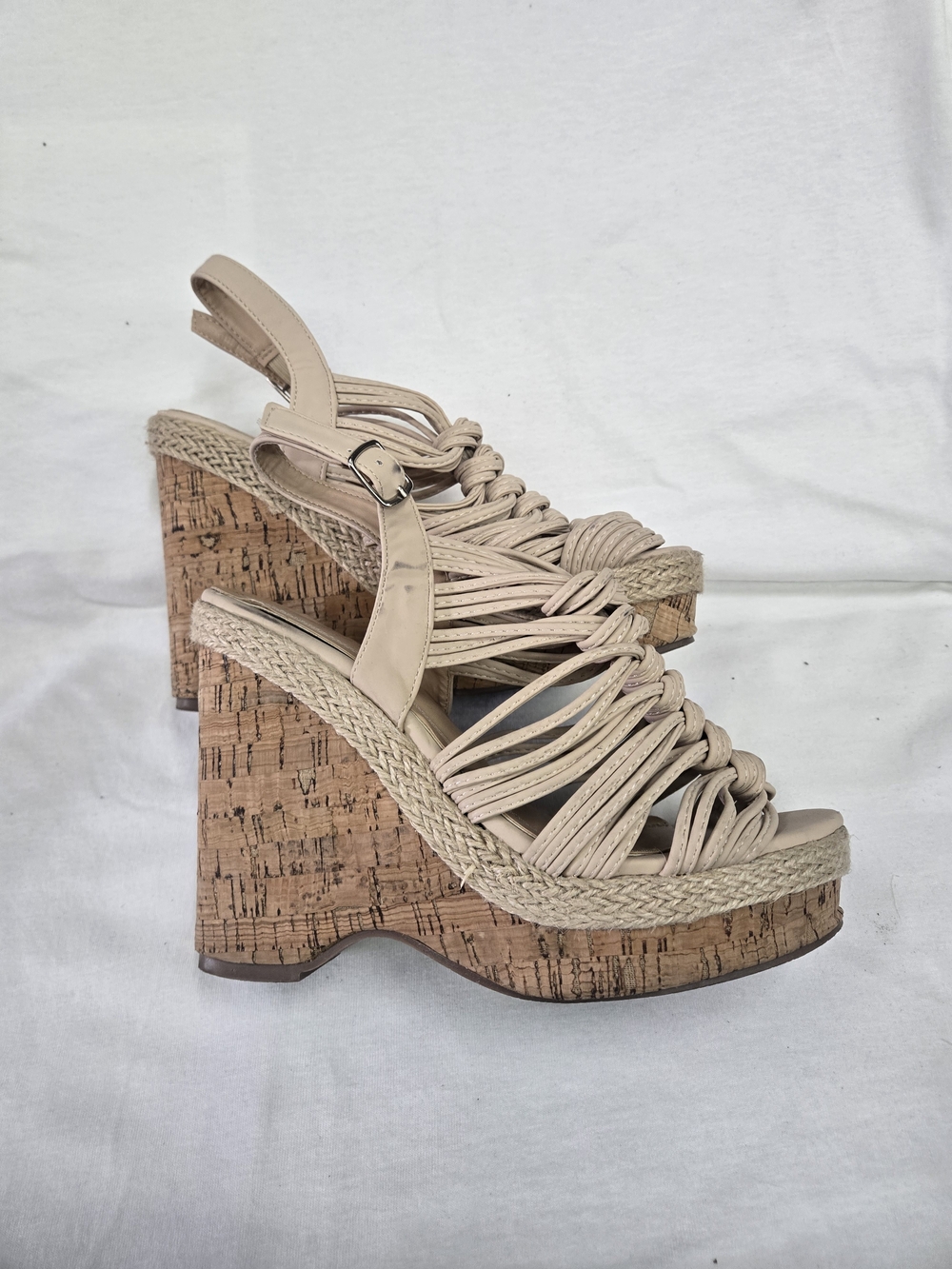 Chase + Chloe Beige Braided Cork Platform Wedge Sandals
